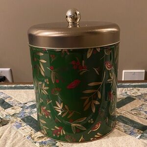 Vintage signed Hudson Bay Cookie Green Floral Tin with Gold Lid